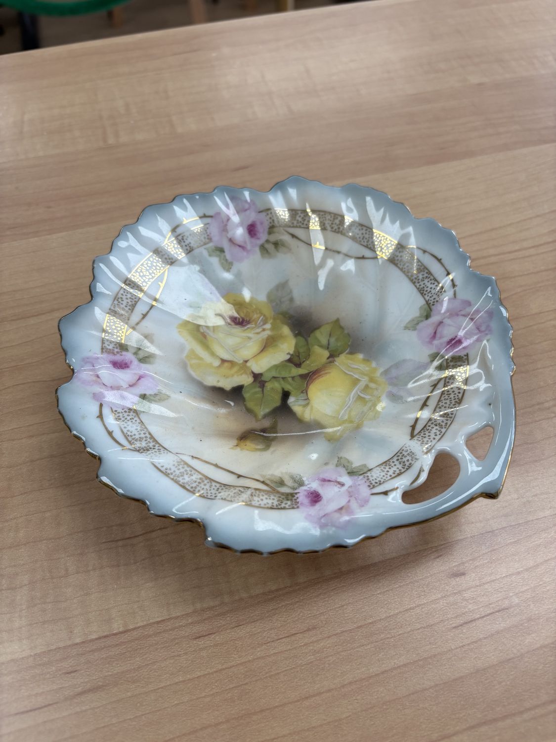 Porcelain. Germany. Royal Rudolstadt. Trinket Dish. Painted w/Yellow &amp; Purple Roses, Blue &amp; Gold Trim. Made in Prussia (German state prior to 1948). 6.5&quot;L
