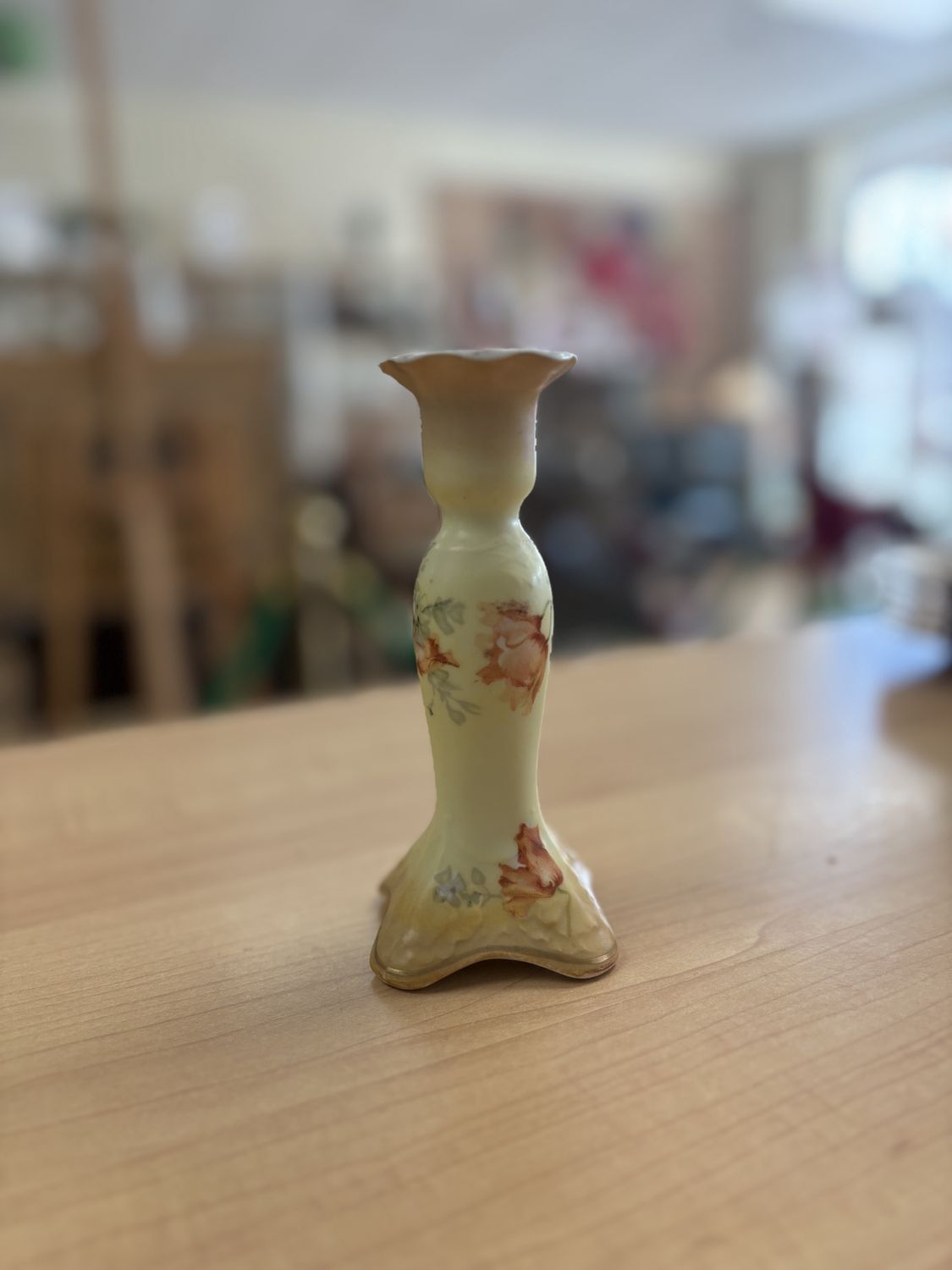 Porcelain. Vintage Candlestick Holder. Yellow with Flowers. 5.5&quot;H