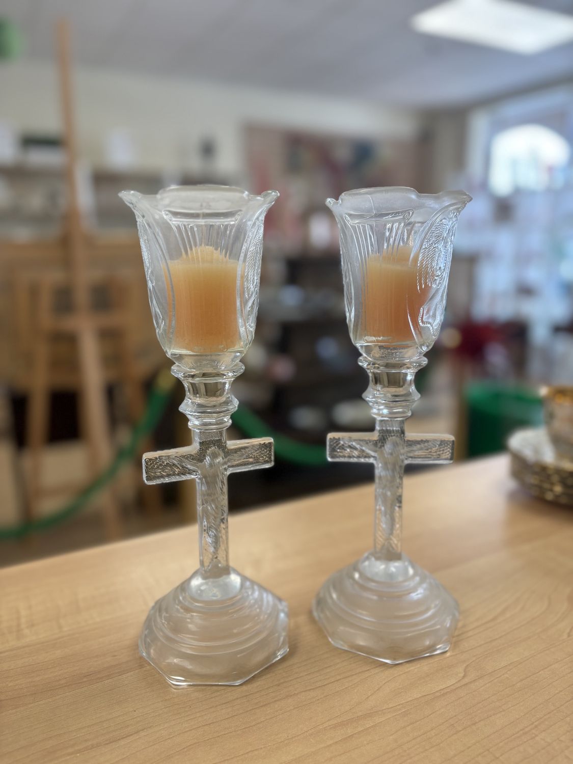 Glass. USA. Home Interiors. Crucifix Candleholder. 11.25&quot;H (Set of 2)