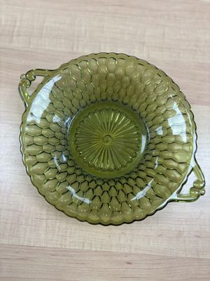 Glass. USA. Indiana Glass. 2-Handled Dish w/ Honeycomb Pattern. Olive Green. 9.25"W