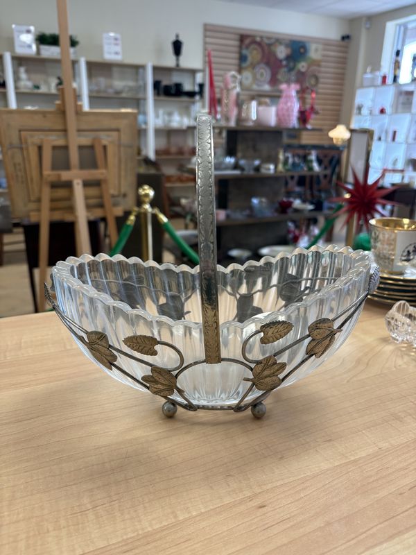 Glass. England. Sowerby. Glass Bread Basket w/Silver-plated Leaf &amp; Vine Holder &amp; Handle. 10&quot;W