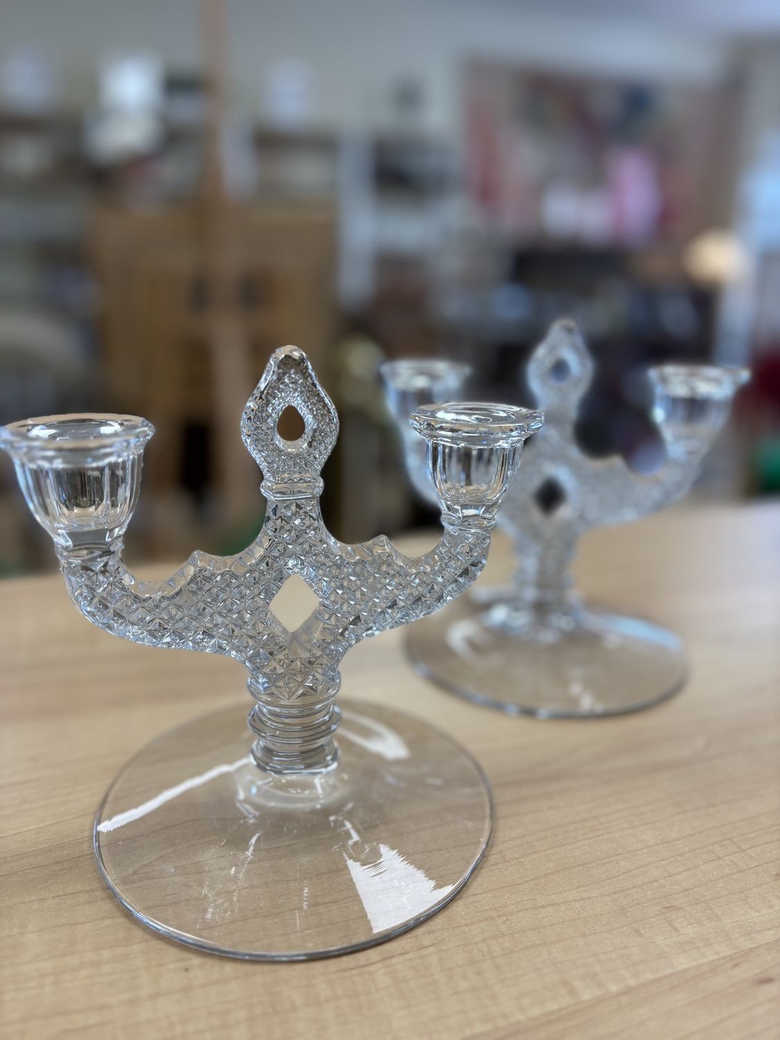 Glass. USA. Westmoreland. English Hobnail Clear (Round Base) Double Light Candlestick (Set of 2). 6&quot;H