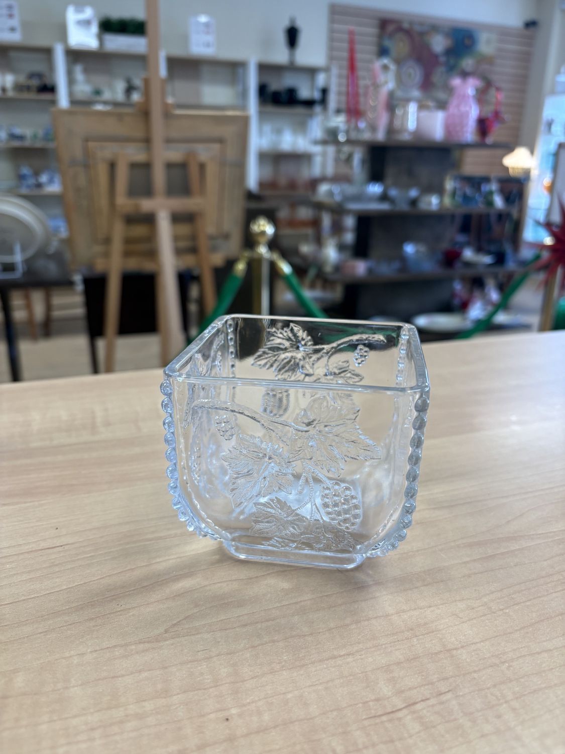 Glass. USA. Antique candy dish (square) - beaded grape pattern. 3.625&quot;W x 3.25&quot;H