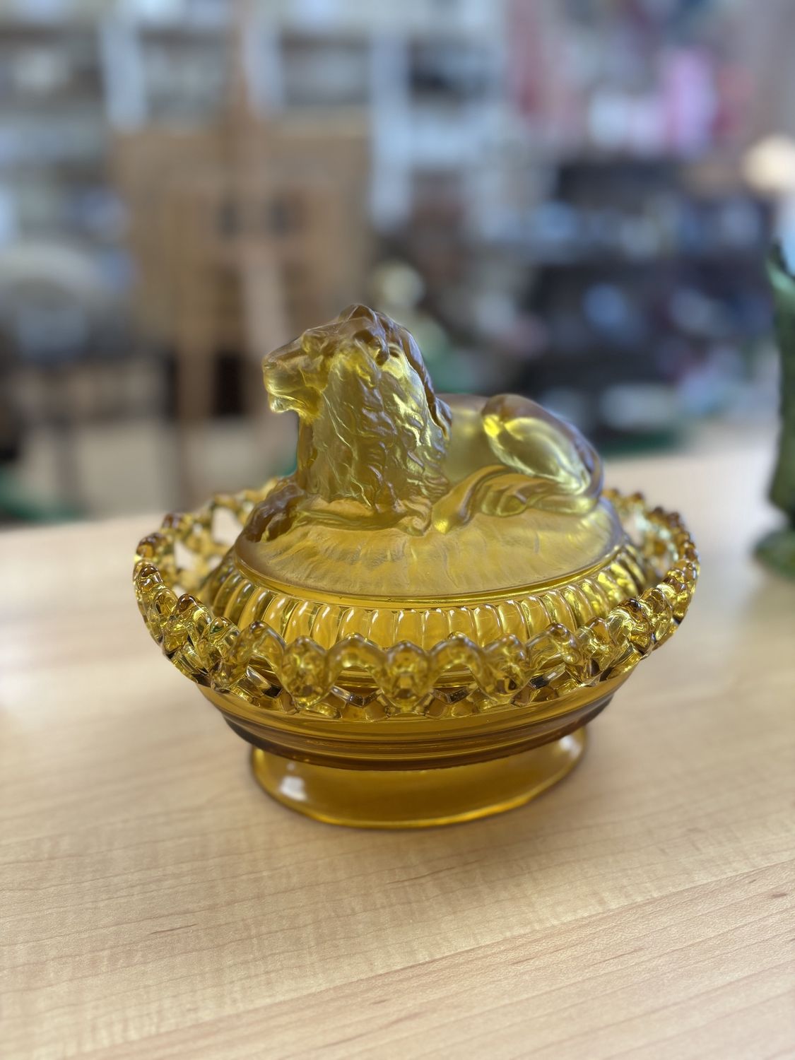 Glass. USA. Imperial Glass. EAPG Oval Dish w/Lattice Rim and Lion Lid.  7.5&quot;L