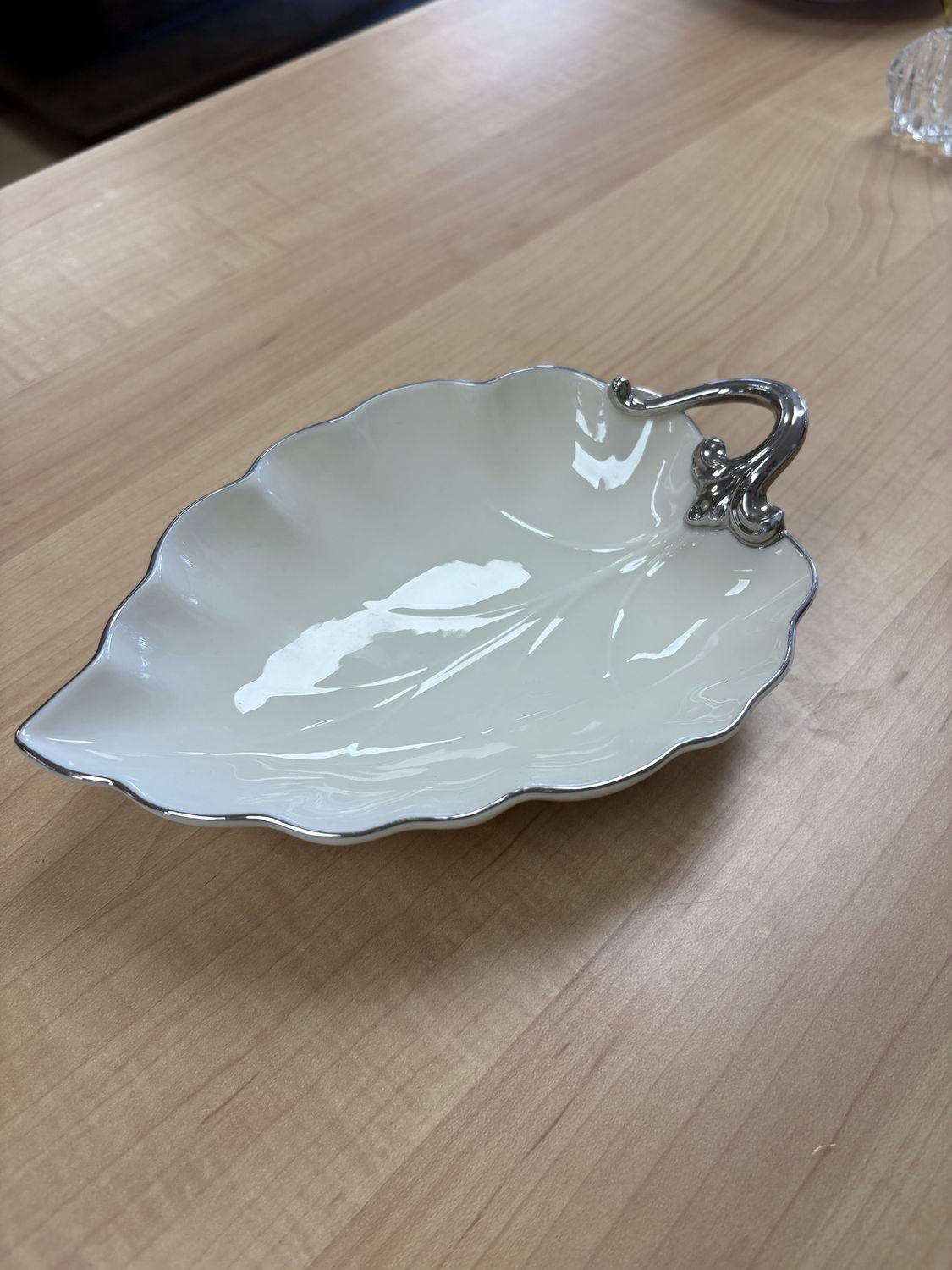 Porcelain. USA. Lenox Leaf-Shaped Trinket Dish with Silver Trim