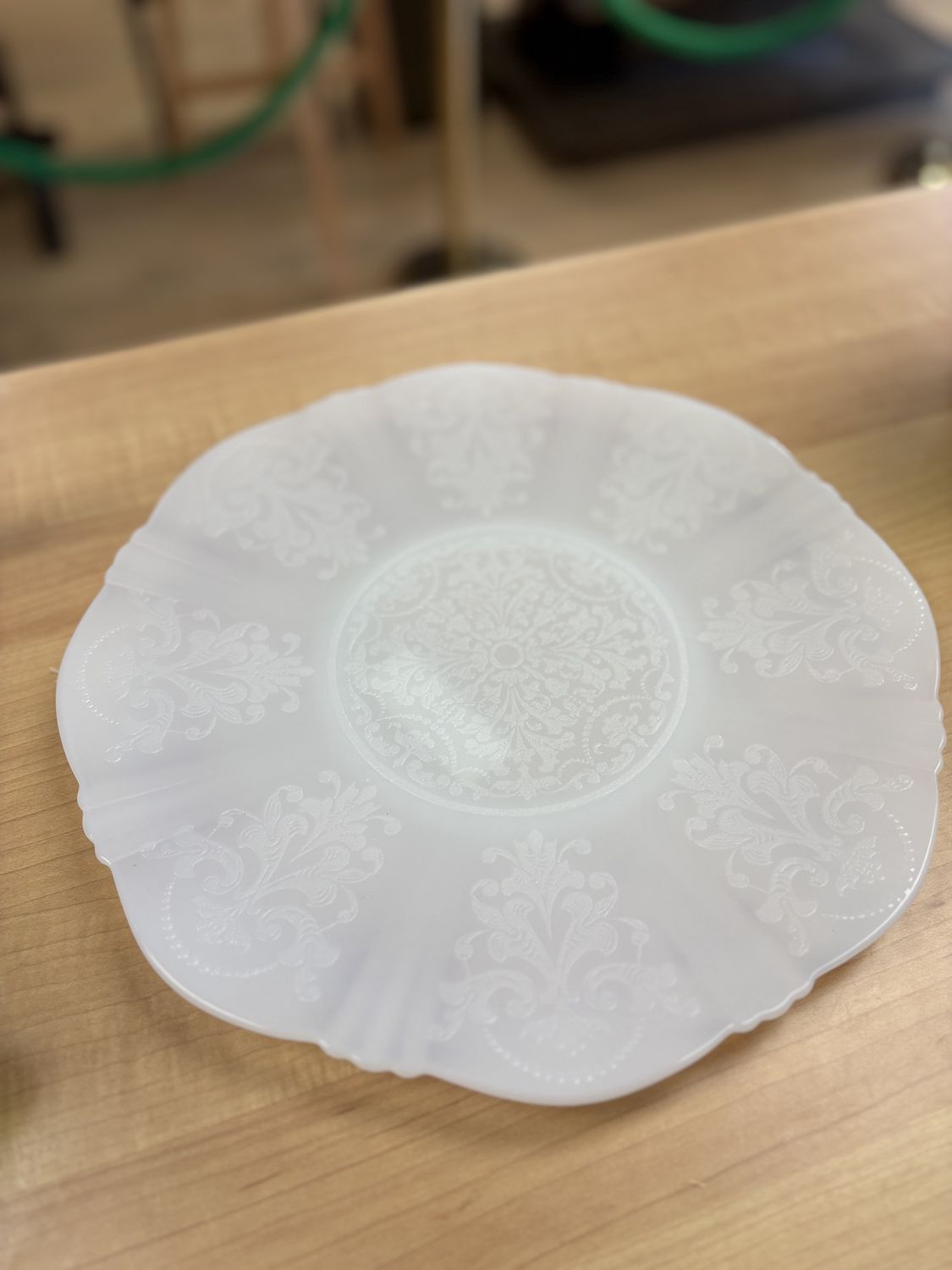 Glass. USA. Depression Glass Cake Plate. White Translucent. 12&quot;W
