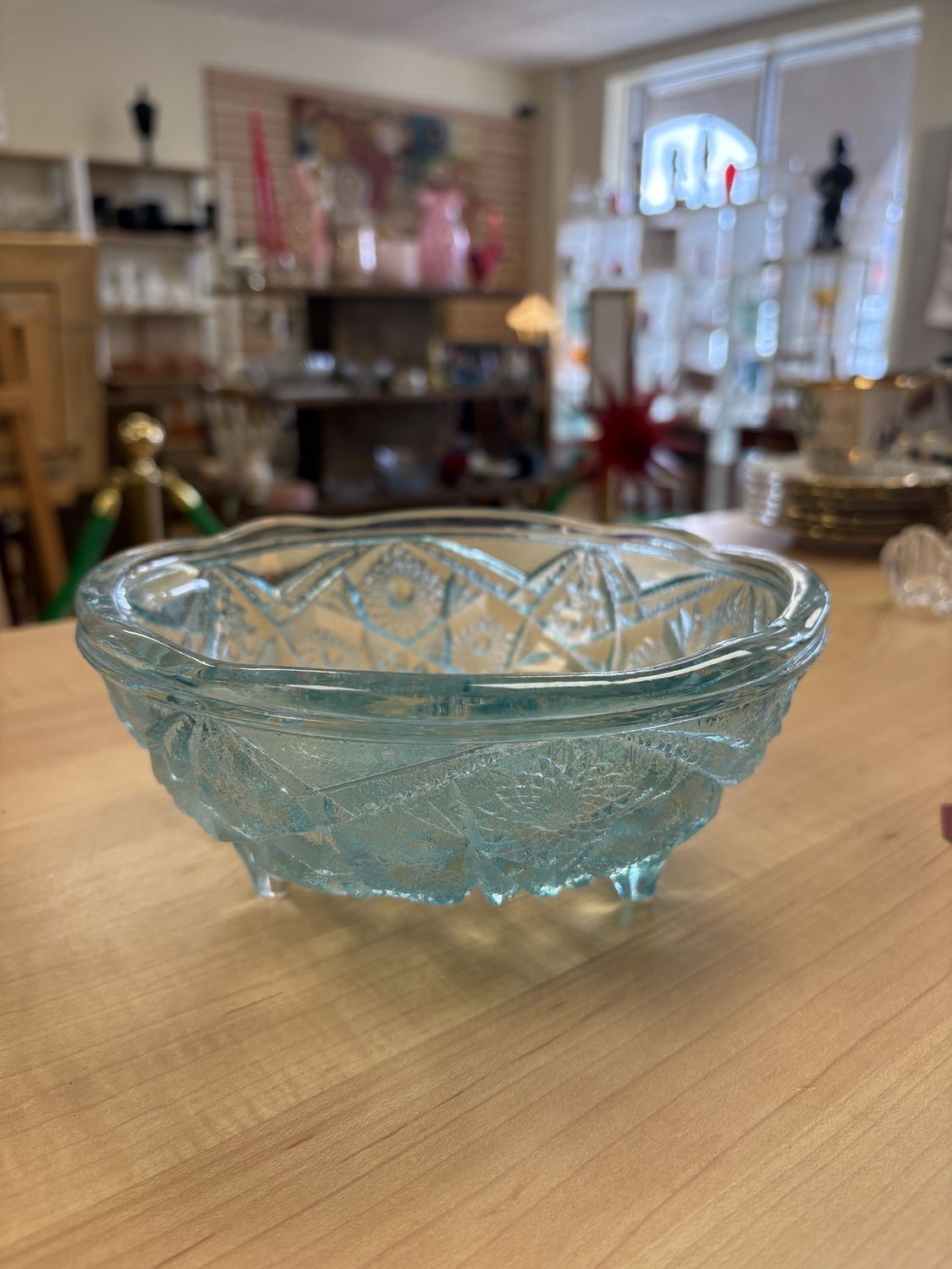 Glass. Vintage McKee Fentec Pattern Pressed Glass Footed Candy Dish. Ice Blue. 7.25&quot;W