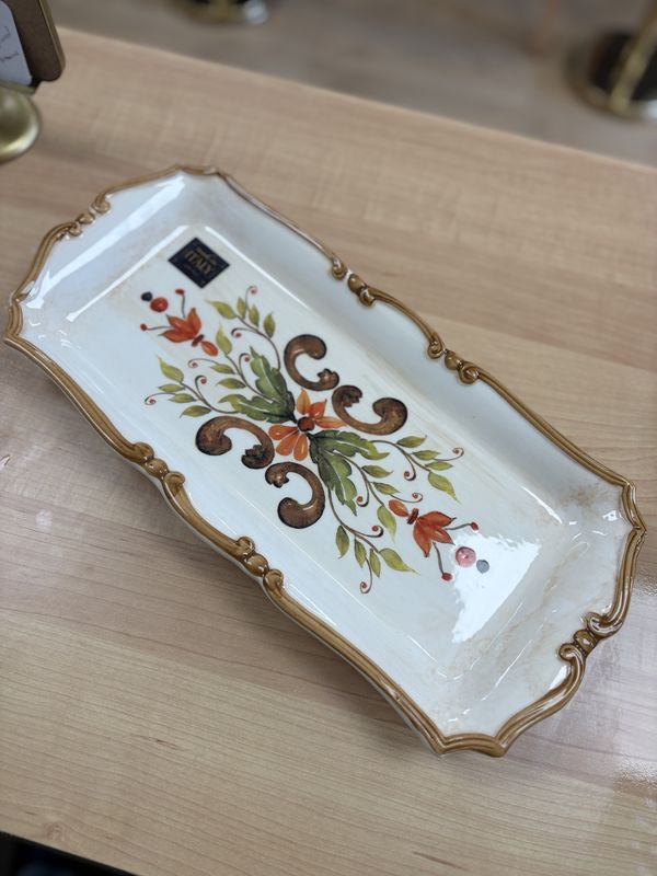 Ceramic. Italy. Rectangular Platter. Brown Trim with Orange Flowers. Made in Italy.  Ceramica Coure.