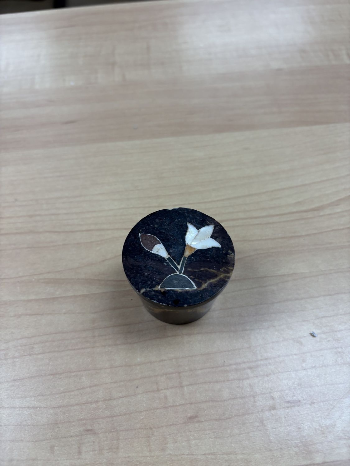 Stoneware. Miniature Marble Container w/Lid. Inlaid Flower Design