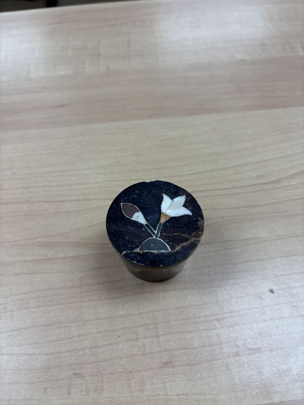 Stoneware. Miniature Marble Container w/Lid. Inlaid Flower Design