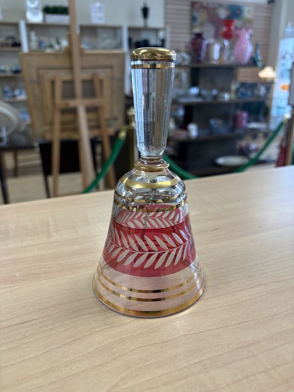 Glass. Czechoslovakia. Bohemia Crystal. Bell. Cranberry Red &amp; Gold w/Etched Leaves. 6&quot;H