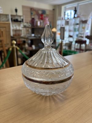 Crystal. Germany. Anna Hutte. Covered Candy Dish. Gold Details.