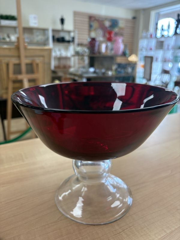 Glass. Pedestal Bowl. Red with Clear Base.