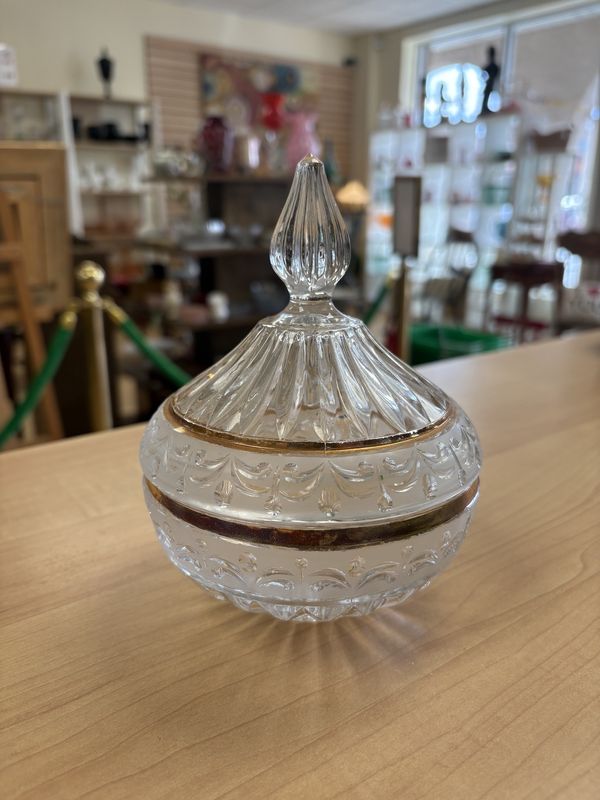 Crystal. Germany. Anna Hutte. Covered Candy Dish. Gold Details.