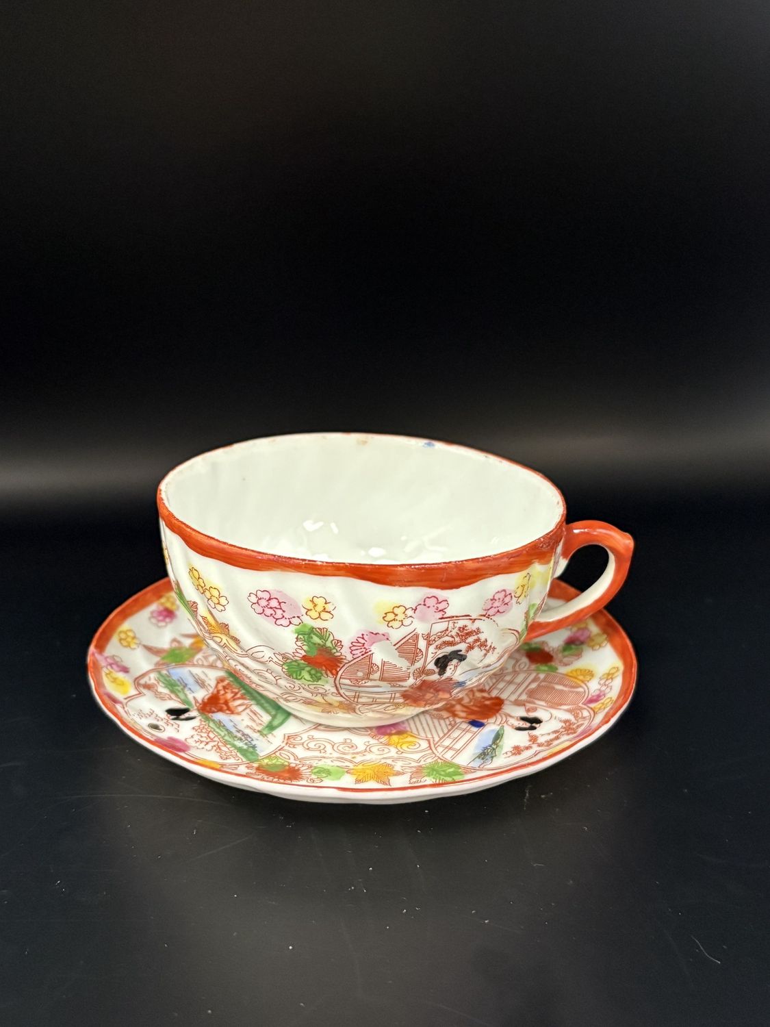 Porcelain. Japan. Teacup &amp; saucer. Nippon Hand-painted Mejistyle. Geishas and Typical Japanese Scenes Motif. 1891-1921. Rare.