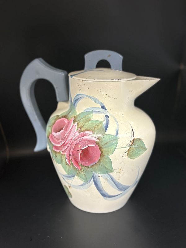 Kitchen Misc. USA. Pitcher. Battleship Aluminumware. Wooden Handle. Strainer Inside. Pink Roses w/Green &amp; Blue Accents. 9.5&quot;H
