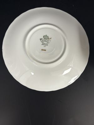 Porcelain. England. Aynsley. Teacup &amp; Saucer. Gold on Mint Green Design. Pattern No. 2469. "Orchid Gold". 1964. Teacup is 3"H