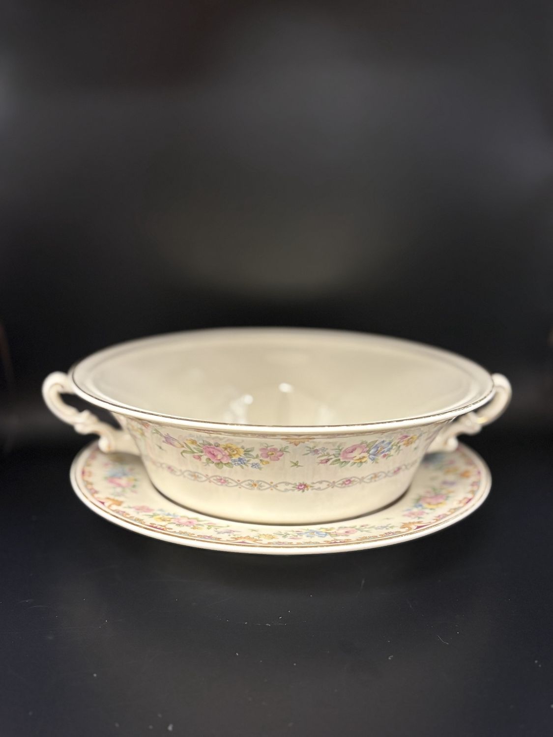 Porcelain. USA. Bowl with Plate. Marlene. 2 pcs. Flower Pattern. 2 Handled.