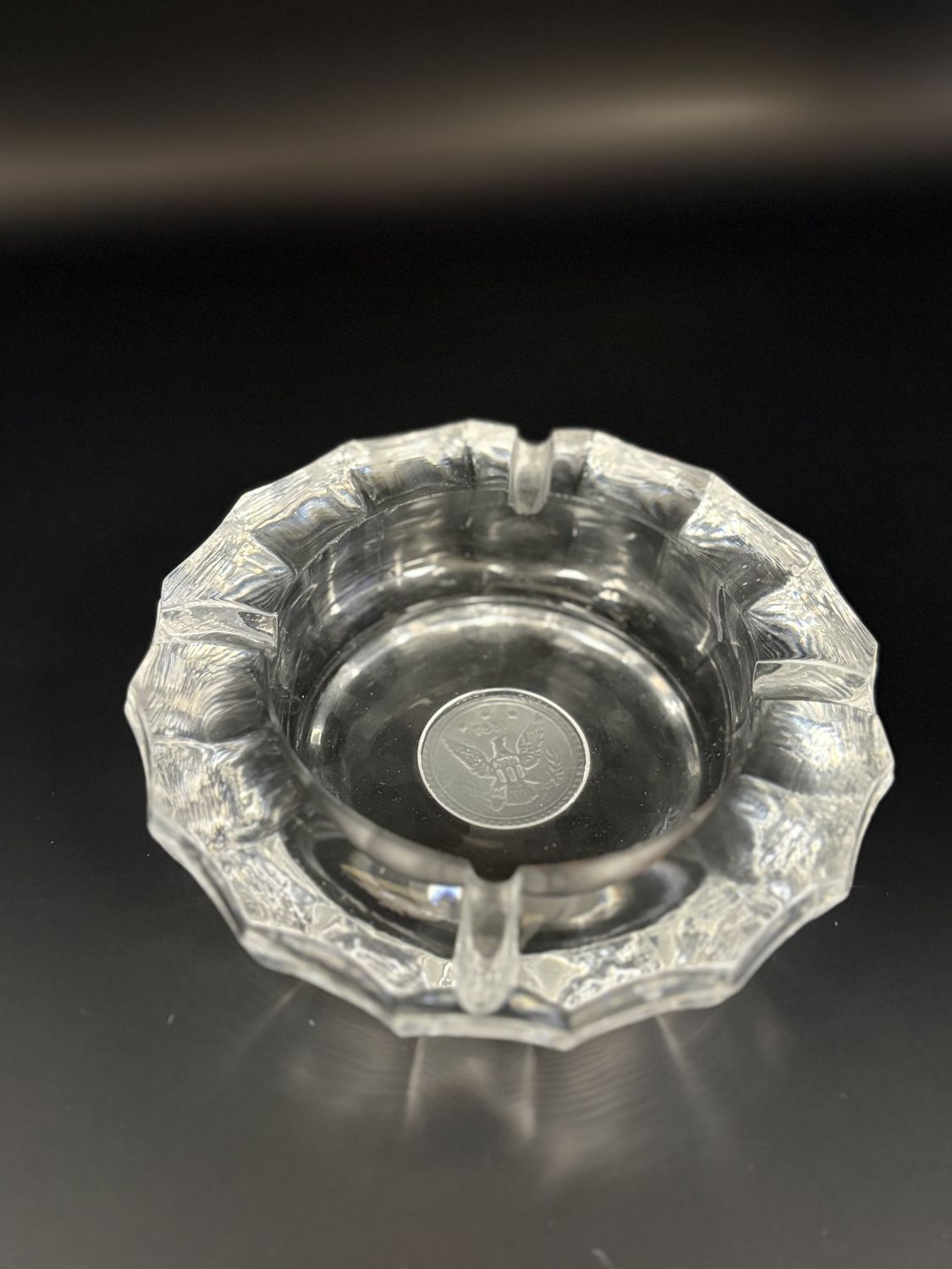Glass. USA. Fostoria. 1887 Frosted Eagle Coin Clear Ashtray.