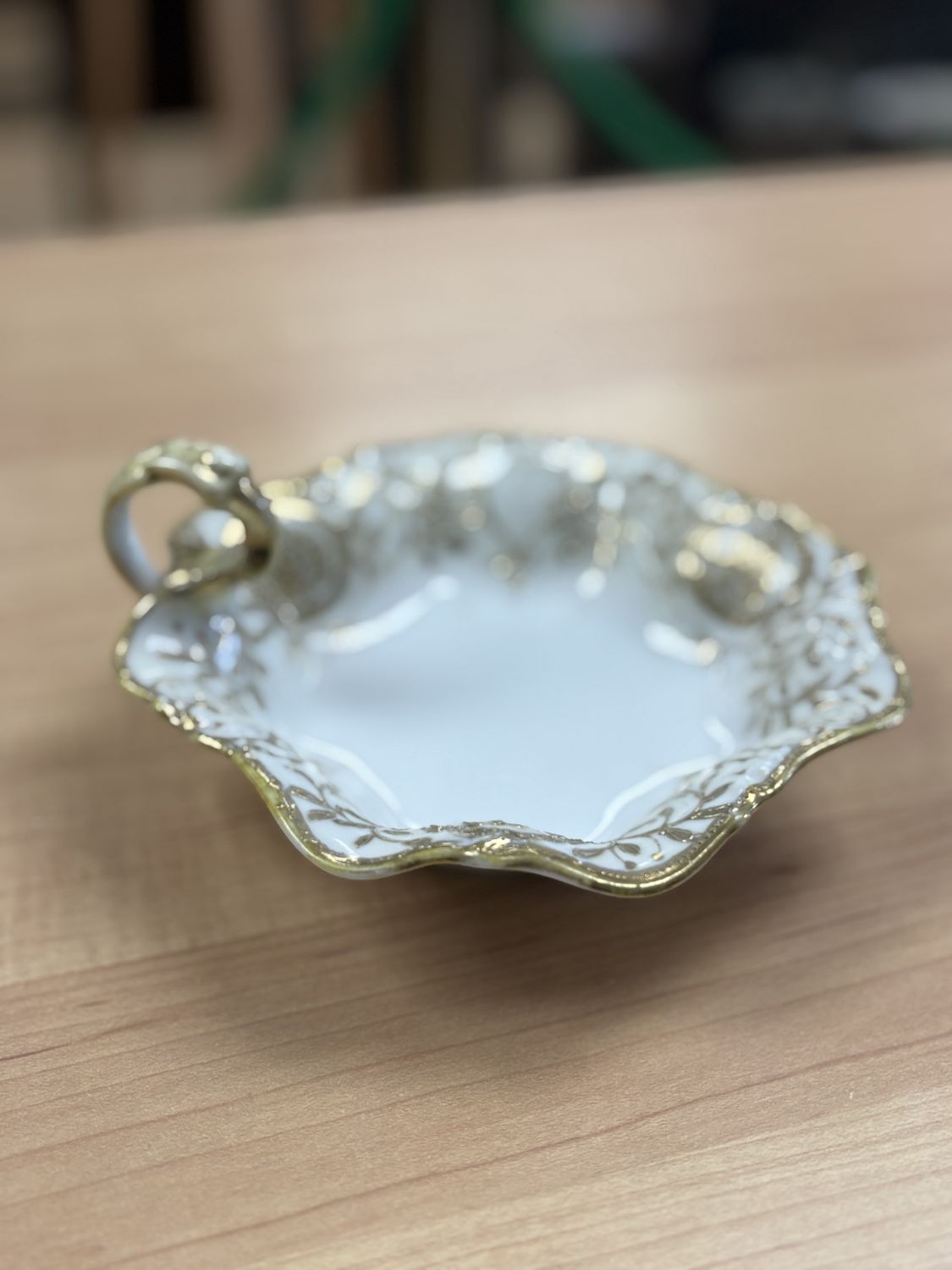 Porcelain. Japan. Nippon. Dish. Handpainted. White and Gold with Handle.