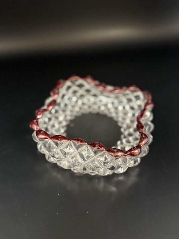 Glass. Dish. Cranberry Cut. Red Rim. Square.