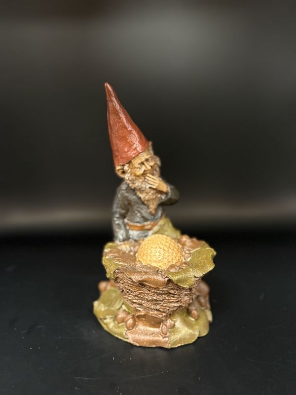 Sculpted Figure. USA. Tom Clark.  Hogan. Gnome behind a Basket containing Golf Ball. 1974. 7&quot; H