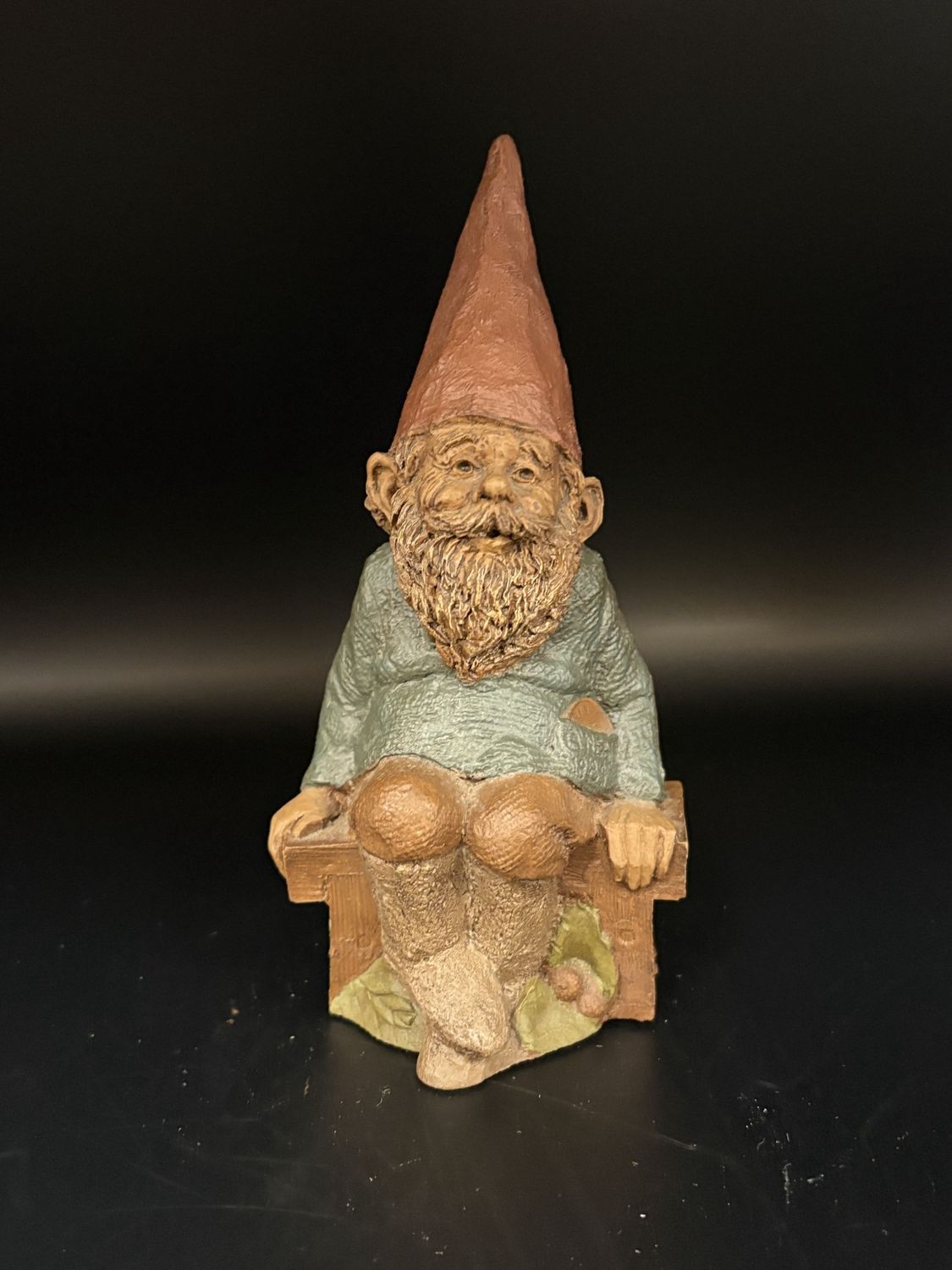 Sculpted Figure. USA. Tom Clark. O&#39;Neal. Older Male Gnome, Sitting on Bench. 1984. 6&#39;&#39;H