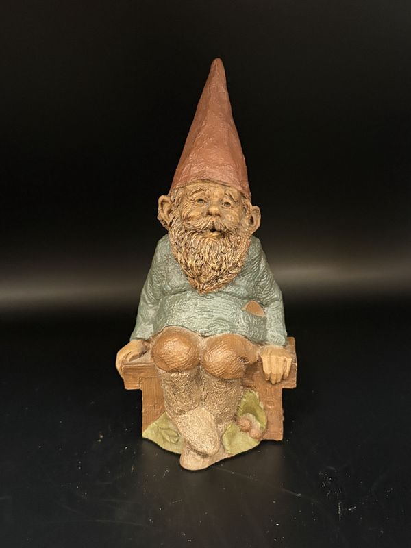 Sculpted Figure. USA. Tom Clark. O&#39;Neal. Older Male Gnome, Sitting on Bench. 1984. 6&#39;&#39;H