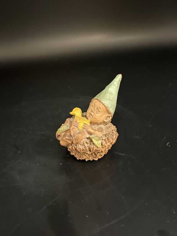 Sculpted Figure. USA. Tom Clark. Ernie. Baby gnome in a nest holding a toy duck. 2&#39;&#39; H.