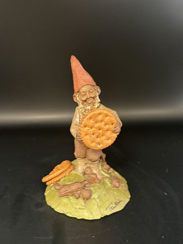 Sculpted Figure. USA. Tom Clark. Peanut. Signed. Gnome Holding a Peanut Butter Cracker. 1985. 5.5&#39;&#39;H