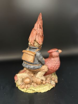 Sculpted Figure. USA. Tom Clark. Stan. Wood Spirit w/Tall Hat, Brushing a Cardinal. 1986. 7.5''H