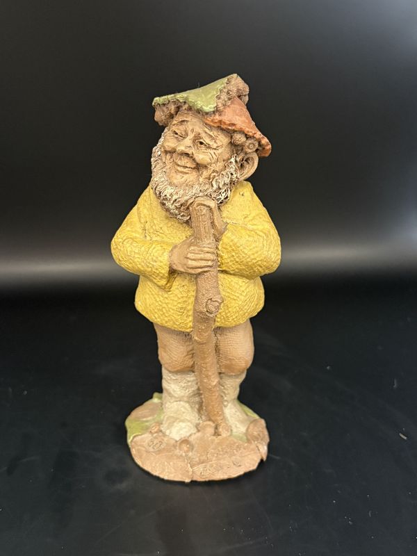 Sculpted Figure. USA. Tom Clark. Shadrach. Man in Yellow Jacket &amp; Leaf Hat, Holding a Walking Stick. 1984. 6.25&#39;&#39;H