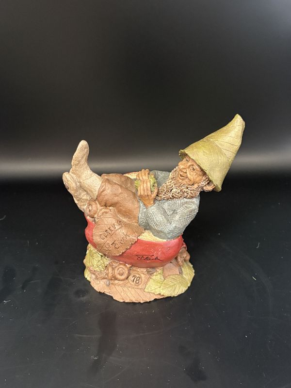 Sculpted Figure. USA. Tom Clark. Corey. Signed. Gnome Sitting in an Apple Half. 1987. 5&#39;&#39;H