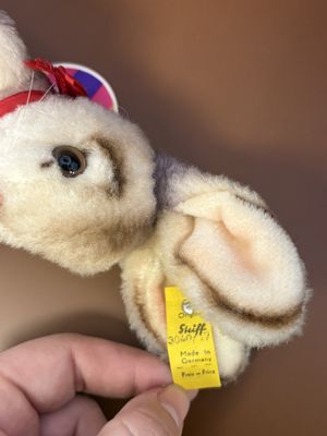 Plush. Germany. Steiff. Rabbit. "Niki". Beige w/Red Bow, Sitting Upright. 7"H