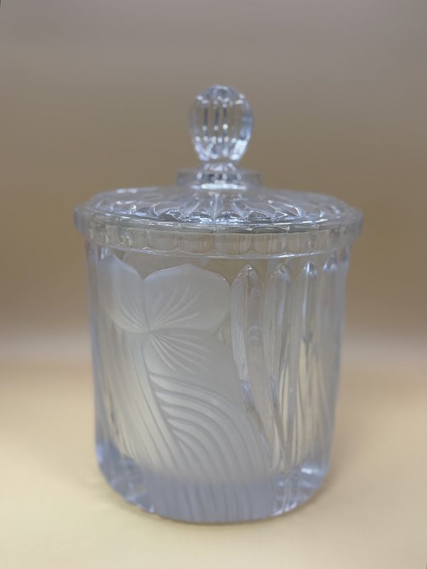 Crystal. Germany. Bleikristall. Biscuit Barrel w/Frosted Bird of Paradise Plant. Made in Germany. 8&quot;H