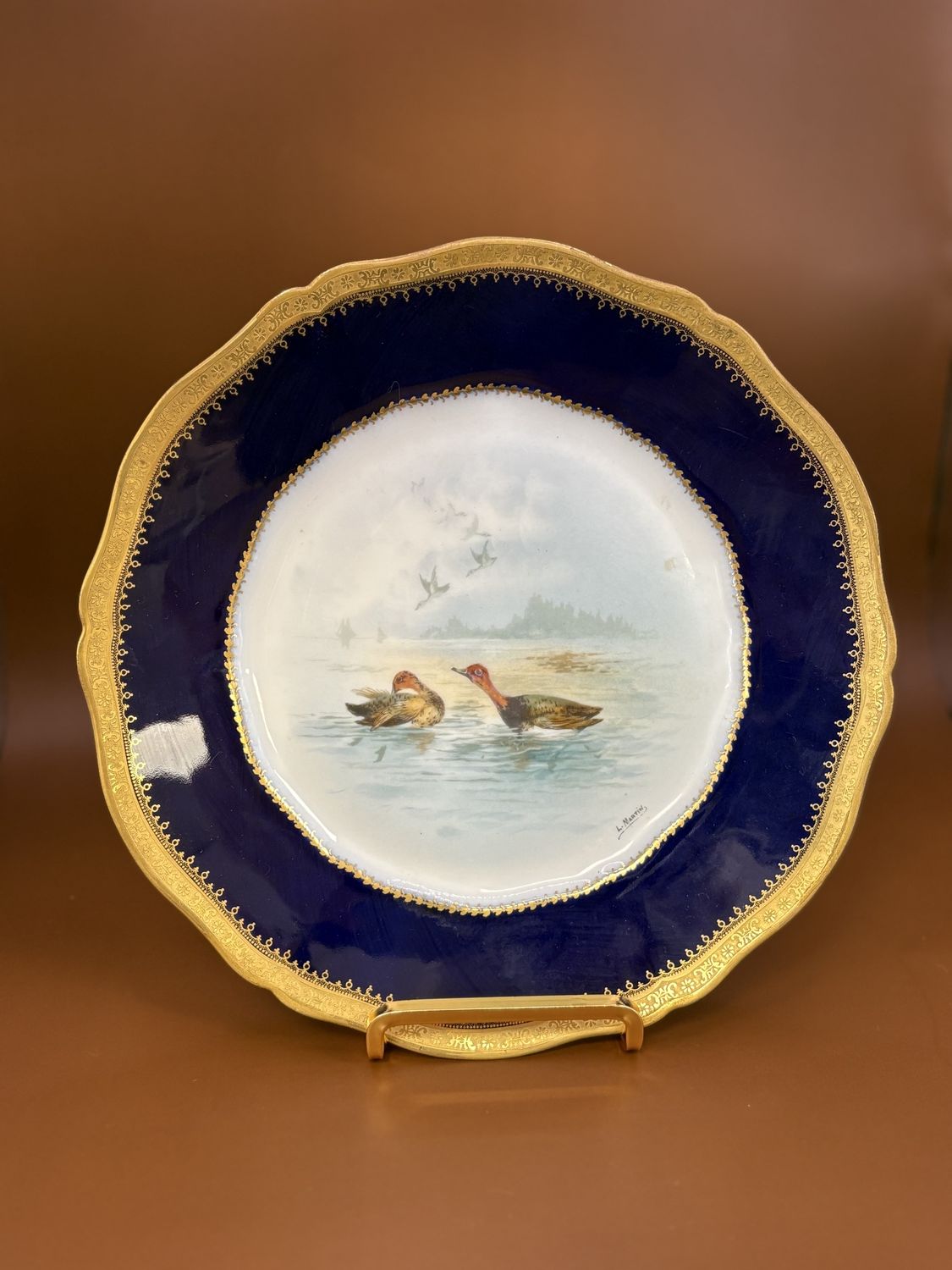 Porcelain. France.  Theodore Haviland Limoges. Decorative Plate w/Duck Scene. Cobalt Blue w/Gold Trim. 8.75&quot;W