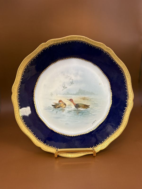 Porcelain. France.  Theodore Haviland Limoges. Decorative Plate w/Duck Scene. Cobalt Blue w/Gold Trim. 8.75&quot;W