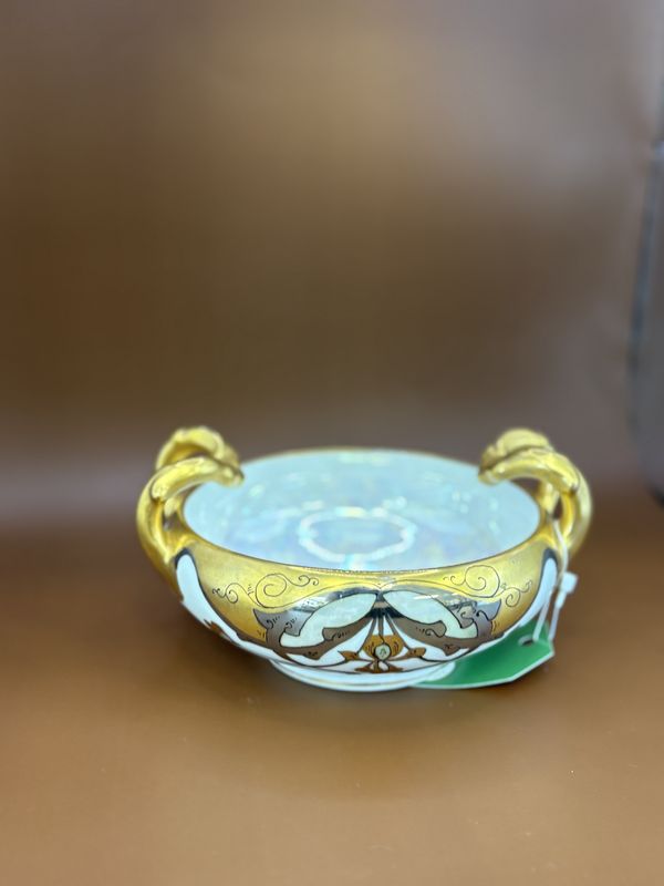 Porcelain. Germany. Antique Art Deco Bowl. Circa 1905-1920. White w/Gold Handles &amp; Opalescent Interior. 6.5&quot;W