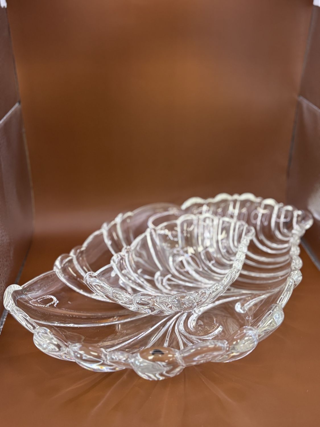 Glass. Clear Oblong Bowls. Nautilus Shell Shape. Matching Pair (1 SM &amp; 1 LG). 8.5&quot;W &amp; 15.5&quot;W