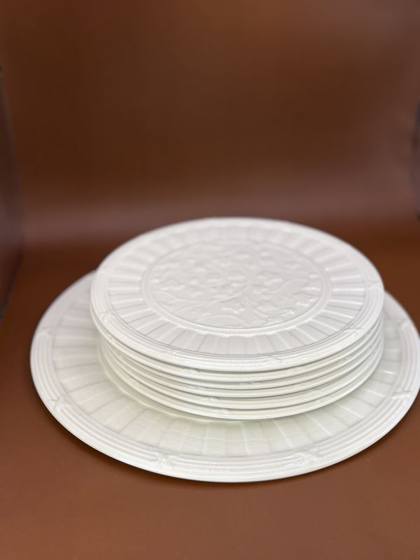 Porcelain. England. Wedgwood. Classic Garden. 11&quot; Cake Plate w/Six 8&quot; Dessert Plates. Bone White. Original Boxes Included. (Set of 7)