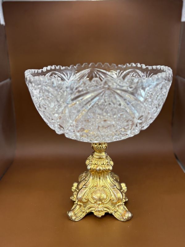 Crystal. USA. Hollywood Regency Sawtooth Crystal Compote with Gold Base. 9.25&quot;H