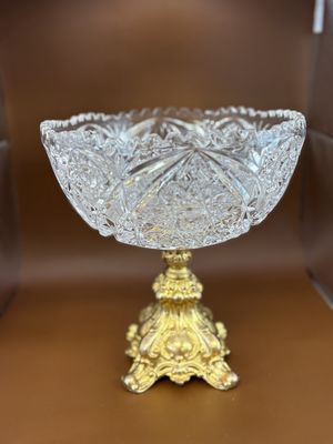 Crystal. USA. Hollywood Regency Sawtooth Crystal Compote with Gold Base. 9.25"H