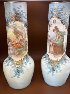 Glass. France. Victorian Opaline Glass Transferware Vases. Antique (1880s-1890s). Light Blue with Gold Trim. 13"H (Set of 2)