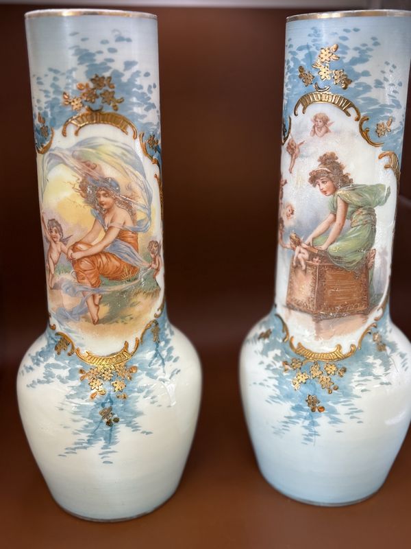 Glass. France. Victorian Opaline Glass Transferware Vases. Light Blue with Gold Trim. 13&quot;H (Set of 2)