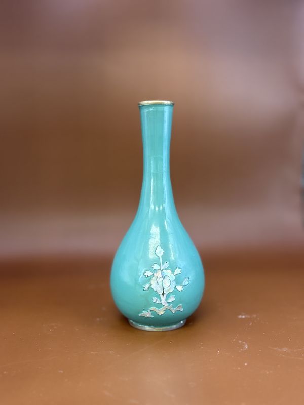 Decor. Turquoise Enamel  &amp; Brass Vase w/Mother of Pearl Inlay. 6.5&quot;H