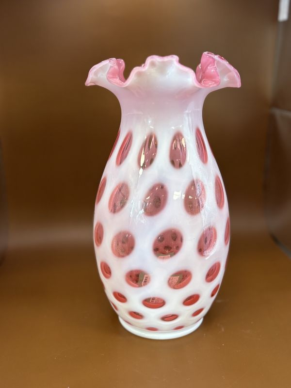 Glass. USA. Fenton. Vase w/Ruffled Top &amp; Dot Pattern. Cranberry Opalescent. 10.5&quot;H