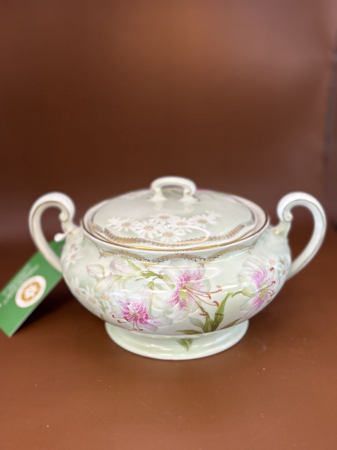 Porcelain. Germany. Weimer. Antique Covered Serving Dish. Light Green w/Daisies, Lilies, &amp; Gold Trim. 9&quot;W
