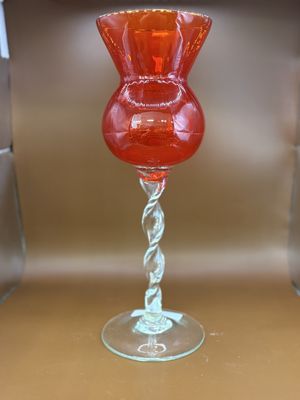 Glass. USA. Vintage Red/Orange &amp; Clear Goblet (Spiral Stem). 12.75"H