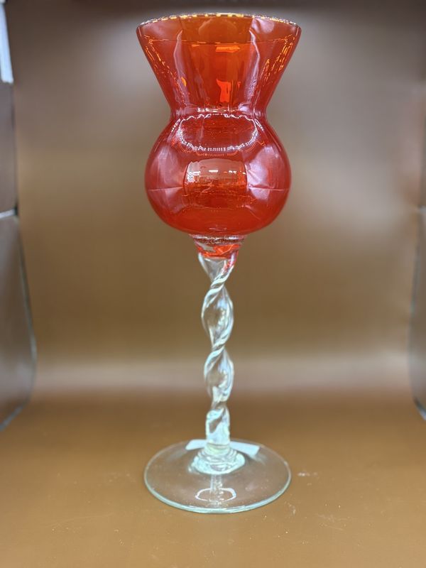 Glass. USA. Vintage Red/Orange &amp; Clear Goblet (Spiral Stem). 12.75&quot;H