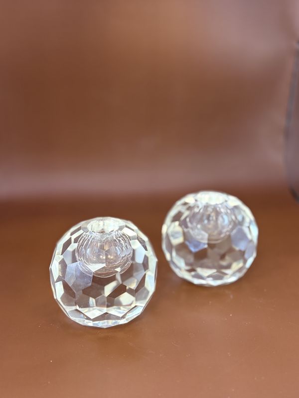 Crystal. Vintage Heavy Faceted Crystal Ball Candlestick Holders. 3&quot;H (Set of 2)